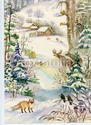 Nadiia Starovoitova, Winter landscape with a house and a fox (jahre, weihnachten, holz, winter, weiß, wetter, urlaub, baum, reisen, sonnenschein, sunlight, gipfel, verschneit, schneesturm, schneefall, schnee, himmel, jahreszeit, rime, park, panorama, draußen, neu, natur, natürlich, berg, landschaft, beleuchtun)