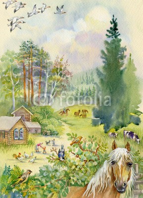 Nadiia Starovoitova, Rural landscape with a horse (gelb, wild, weiß, wetter, twilight, baum, sonnenschein, sonnenuntergänge, sunrise, froh, sunlight, sonne, sommer, zuchthengst, frühling, himmel, jahreszeit, landschaftlich, ländliche, einträchtig, viehweide, panorama, aussen, draußen, natu)