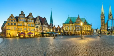 Mapics, Bremen Marktplatz Panorama (bremen, märkte, panorama, dom, kirche, nacht, rathaus, turm, haus, dom, architektur, deutsch, historisch, sehenswürdigkeit, blau, panoramisch, stadt, stad)