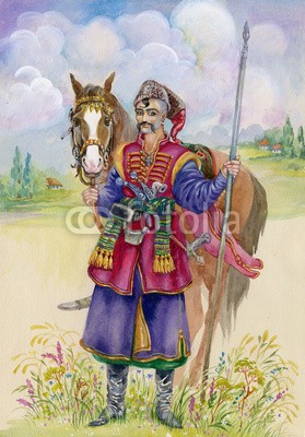 Nadiia Starovoitova, Ukrainian Cossack horse around, watercolor (wasserfarben, einheit, ukrainisch, 2, trust, sommer, frühling, raum, lächelnd, hemd, ländliche, entspannt, relationen, portrait, pony, person, draußen, 1, natur, modellieren, mann, säugetier, männlich, liebe, schauend, arten, pferd, fotogen, prächti)