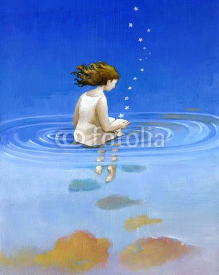 nuvolanevicata, water 01 (wasser, lesen, buch, weiblich, haare, himmel, wolken, abendsonne, gedicht, meer, konzept, traum, traum, besinnung, besinnung, idee)