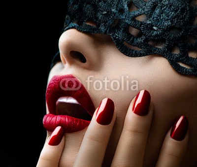 Subbotina Anna, Beautiful Woman with Black Lace mask over her Eyes (schönheit, frau, sexy, lippen, maniküre, rot, dunkel, schwarz, mysterium, maske, liebe, glamour, fantasy, nageln, makeup, spitze, boudoir, gestalten, dunkelheit, mund, lippenstift, halloween, frau, gesicht, mädchen, perfect, modellieren, makeu)