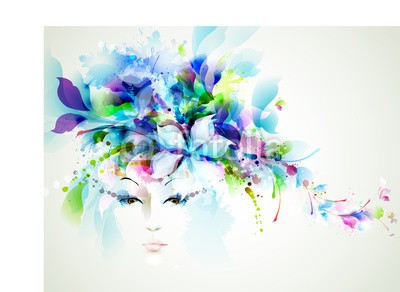 artant, Beautiful fashion women face with abstract design elements (abstrakt, abstraktion, gestalten, entwerfen, dekoration, floral, frühling, ornament, leere, blume, konzept, vektor, leaf, frisur, kopf, vorlage, kleckse, sommer, grafik, elemente, kosmetik, leute, malen, portrait, modern, fantasy, kreativ, abbildung, fra)