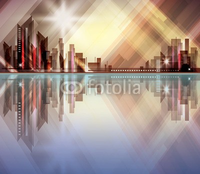 dahabians, City skyline at night with reflection in water (abstrakt, architektur, kunst, backgrounds, banner, gebäude, stadt, stadtlandschaft, konzept, dunkel, dekorativ, entwerfen, digitales, stadtteil, downtown, elemente, abend, äusseres, glühen, grafik, haus, abbildung, symbolik, landschaft, life, lich)