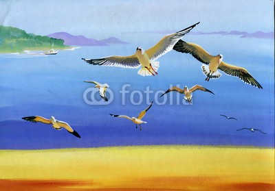 Nadiia Starovoitova, Watercolor seagulls (tier, kunst, kunstvoll, artwork, strand, vögel, blau, boot, brise, hell, bunt, kreativität, entwerfen, federn, flug, fliegender, freiheit, frische, gull, handgemacht, handarbeit, horizont, horizontale, eindrücke, landschaft, morgens, ozean, origina)