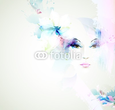 artant, Beautiful fashion women face with natural elements and flowers (abstraktion, kunstvoll, artwork, backgrounds, banner, schöner, schönheit, leere, kleckse, konzept, kosmetik, deckung, kreativ, dekoration, entwerfen, elemente, auge, gesicht, fantasy, gestalten, floral, mädchen, grafik, frisur, kopf, abbildung, abbil)