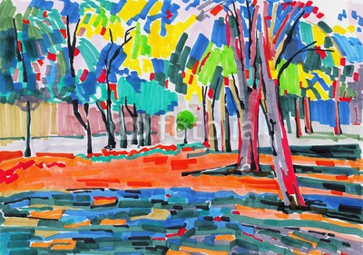 Kara-Kotsya, original unusual marker painting of tree landscape (kennzeichnung, malerei, baum, wald, park, kunst, draußen, vektor, außergewöhnlich, original, mustern, entwerfen, grunge, zeichnung, sketch, gras, laubwerk, textur, holz, natur, leaf, floral, frühling, jahreszeit, abbildung, bürste, verfärbt, bun)