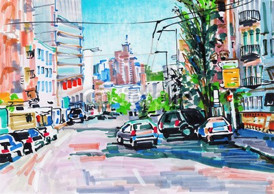 Kara-Kotsya, marker painting of cityscape (kunst, malerei, vektor, kennzeichnung, sketch, künstler, draußen, handwerk, modern art, urbano, orientierungspunkt, altersgenosse, aussen, grafik, handgemacht, zeichnung, gebäude, farbenskala, abbildung, kreativität, exhibition, artwork, dekorati)