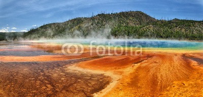 Frank Waßerführer, Grand Prismatic Spring (yellowstone national park, yellowstone, national, park, national park, uns, amerika, nordamerika, natur, landschaft, naturschutzgebiet, quelle, geysir, see, wasser, bunt, nebel, dampf, dampf, wald, baum, hügel, berg, bunt, bunt, wasser, ufer, panoram)