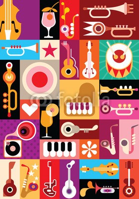 dan8, Music (musik, party, icon, vektor, gitarre, saxophon, saxophon, trompete, herz, stern, konzert, cocktail, alkohol, piano, viola, violine, martini, trommel, musiker, jazz, festival, musikfestival, fliesen, patchwork, collage, pop art, kunst, nightclub, klinge)