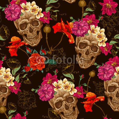 depiano, Skull and Flowers Seamless Background (rot, tage, alle, kunst, rolls, rosafarben, fels, kopf, volk, tot, hand, totenkopf, sugar, tod, gezeichnet, floral, tattoo, blume, vektor, symbol, entwerfen, mexiko, entsetzen, voodoo, lächeln, gothic, mexikanerin, kultur, urlaub, jahrgang, muster)
