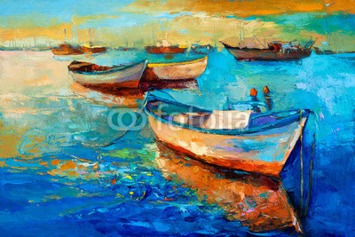Boyan Dimitrov, Boats on sunset (abstrakt, acryl, kunst, künstler, kunstvoll, artwork, kulisse, backgrounds, strand, blau, boot, hell, canvas, farbe, sätze, kreativität, zeichnung, grün, hafen, abbildung, abbild, impressionismus, landschaft, modern, natur, ozean, öl, malen, malere)