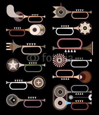 dan8, Trumpets - vector background (musik, trompete, sammlung, musikalisch, abstrakt, vektor, icon, band, konzert, musikinstrument, blasinstrument, orchestra, jazz, divers, schwarz, set, bunt, ähnlich, blaskapelle, isoliert, karneval, festival, konzept, klingen, entwerfen, grafik, kuns)