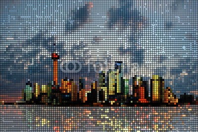 emeritus2010, skyline shanghai - mosaic (shanghai, skyline, mosaik, 2013, skyscraper, abstrakt, pop art, stadt, retro, muster, stadtlandschaft, retro, stadt, fenster, vektor, gebäude, bunt, abbildung, bild, gebäude, büro, blau, chin)