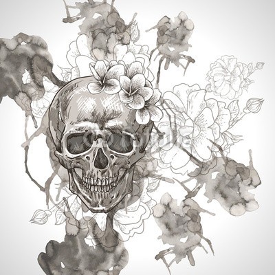 depiano, Abstract Background with Skull, Wings and Flowers (totenkopf, vektor, backgrounds, abbildung, entwerfen, mustern, blume, abstrakt, jahrgang, nahtlos, grunge, tapete, kunst, flügel, floral, rosafarben, dekoration, ornament, tattoo, halloween, crown, schwarz, verziert, fels, pirat, symbol, grafik, poster)