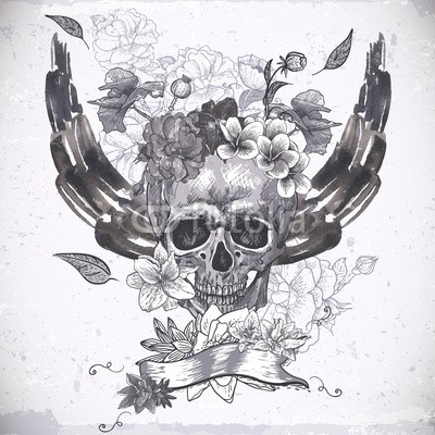 depiano, Abstract Background with Skull, Wings and Flowers (totenkopf, vektor, backgrounds, abbildung, entwerfen, mustern, blume, abstrakt, jahrgang, nahtlos, grunge, tapete, kunst, flügel, floral, rosafarben, dekoration, ornament, tattoo, halloween, crown, schwarz, verziert, fels, pirat, symbol, grafik, poster)