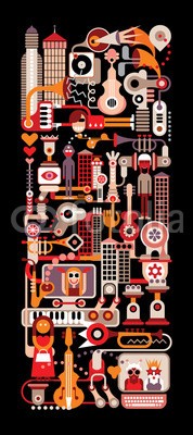 dan8, Music City Night (musik, party, stadt, stadtlandschaft, konzert, komponist, gebäude, gitarre, trompete, saxophon, saxophon, frau, violine, viola, computer, bürogebäude, herz, piano, nacht, nightclub, musikalisch, abstrakt, display, auge, hand, straße, club, nightclu)