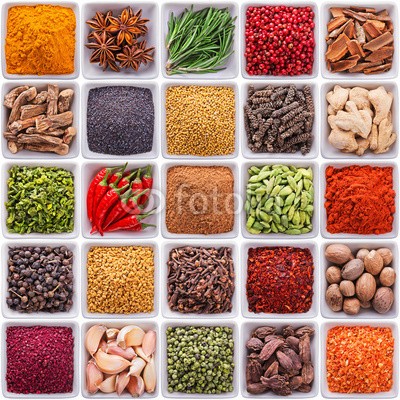 andriigorulko, collection of spices and herbs in ceramic bowls (set, sammlung, sortiment, different, gewürz, hintergrund, kraut, isoliert, viereck, würze, zimt, piment, gewürznelke, kardamom, pfeffer, pfefferkörner, rosmarin, senf, chilies, ingwer, anis, stern, muskatnuß, calamus, knoblauch, weiß, ausgeschnitte)