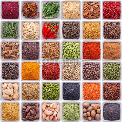 andriigorulko, collection of different spices and herbs (set, sammlung, sortiment, different, gewürz, hintergrund, kraut, isoliert, viereck, würze, zimt, piment, gewürznelke, kardamom, koriander, pfeffer, pfefferkörner, fenchel, rosmarin, senf, chilies, ingwer, anis, stern, muskatnuß, calamus, knoblauc)