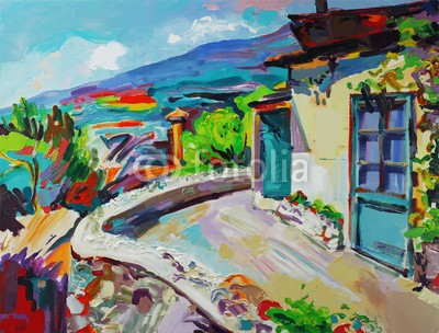Kara-Kotsya, original art composition of summer landscape (himmel, kunst, öl, town, zuhause, handwerk, bürste, verfärbt, ländliche, haus, szene, abbild, frühling, reisen, vektor, hell, sommer, canvas, jahreszeit, modern, sketch, natur, künstler, draußen, außergewöhnlich, grafik, zeichnung, artwork, bilde)