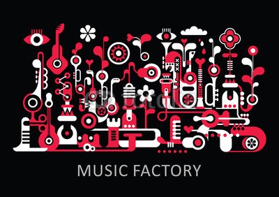dan8, Music Factory (musik, festival, vektor, kunst, abbildung, abstrakt, jazz, gitarre, saxophon, saxophon, entwerfen, grafik, konzert, fertigen, fabrik, party, isoliert, schwarz, rot, weiß, blume, piano, spieldose, icon, auge, set, bizarre, karneval, klingen, geform)