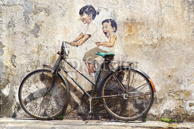 Marina Ignatova, Little Children on a Bicycle Mural. (abstrakt, kunst, asien, scheune, fahrrad, motorrad, junge, backstein, charakter, kind, komisch, altersgenosse, kreativität, entwerfen, verschmutzt, zeichnung, effekt, eingang, exhibition, fassade, fresko, georgetown, getto, graffiti, grunge, montag)