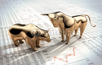 psdesign1, Bulle und Bär auf Zeitungsseite (dax, aktie, börse, börse, schwein, bär, frankfurt, umzäunung, rückkehr, dividend, finanzen, spekulation, industrie, richtungen, euro, währung, geld, spielend, gefahr, geldschein, note, kredit, bindung, beschädigen, dow, jones, plus, einordnen, ban)