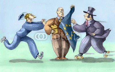 nuvolanevicata, europee (wahl, europa, sarkasmus, policy, business, wohlstand, fahne, schlittschuh, laufen, spiel, zeichnung, cartoons, figurine, sketch, begutachtung, men at work, reich, konzept, dose, wettbewerb, wettbewer)