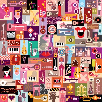 dan8, graphic design collage (musik, vektor, cocktail, set, schoß, sammlung, collage, entwerfen, gitarre, auge, hand, herz, abstrakt, piano, portrait, gebäude, violine, grafik, trompeter, komponist, gitarrist, hipster, saxophon, saxophon, stadtlandschaft, tapete, nahtlos, lippe)