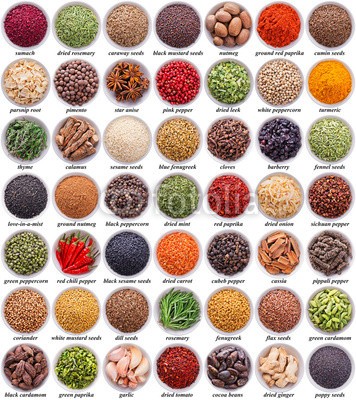 andriigorulko, large collection of different spices and herbs (set, sammlung, sortiment, different, gewürz, hintergrund, kraut, isoliert, würze, text, titel, label, zimt, piment, gewürznelke, kardamom, koriander, pfeffer, pfefferkörner, kümmel, fenchel, rosmarin, senf, berberitze, dill, chilies, ingwer, ani)