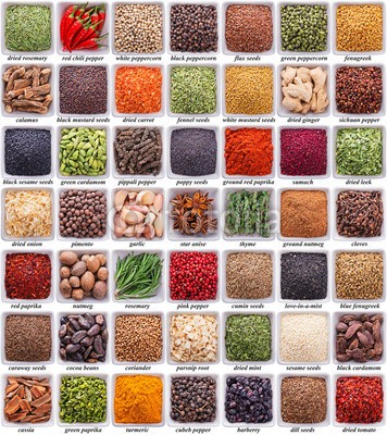 andriigorulko, large collection of different spices and herbs (set, sammlung, sortiment, different, gewürz, backgrounds, kraut, isoliert, viereck, label, text, titel, würze, zimt, petersilie, piment, gewürznelke, kardamom, koriander, pfeffer, pfefferkörner, kümmel, fenchel, rosmarin, senf, berberitze, dil)