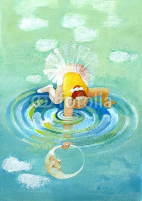 nuvolanevicata, loocking for perfection (mädchen, tänzer, mond, see, ballett, tanzen, teich, sehnsucht, schulung, erhalten, aufbessern, perfektion, licht, wasser, schwimmen, ringen, erreichen, grenze, kunst, malerei, konzept, acryl, traum, flaumig, weich, hel)