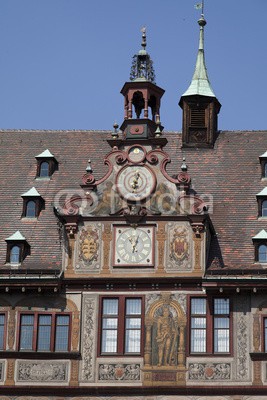 Blickfang, Tübingen Rathaus Detail Uhr (deutsch, architektur, historisch, bejahrt, touristisch, sehenswürdigkeit, elite, universität, wissenschaft, tagungen, fließen, haus, studenten, studieren, mittelalter, boot, kahn, panorama, uhren, rathau)