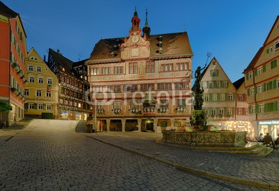 Blickfang, Tübingen Marktplatz Rathaus beleuchtet (deutsch, architektur, historisch, bejahrt, touristisch, sehenswürdigkeit, elite, universität, wissenschaft, tagungen, fließen, haus, studenten, studieren, mittelalter, boot, kahn, panorama, rathaus, märkte, beleuchtet, nach)