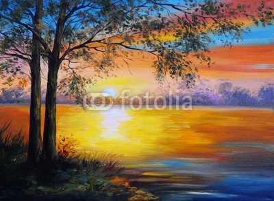 max5799, oil painting landscape - tree near the lake (malerei, öl, abstrakt, kunst, landschaft, schöner, wald, backgrounds, see, himmel, blau, abbildung, sommer, herbst, bunt, natur, baum, schönheit, grün, malerei, gelb, wasser, artwork, canvas, tapet)