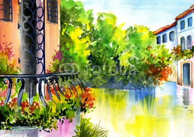 max5799, watercolor painting - flowers near the house (malerei, wasserfarben, blume, landschaft, öl, canvas, abbildung, wand, türen, haus, straße, kunst, sommer, backgrounds, alt, architektur, tür, nähe, entwerfen, klein, blau, licht, bunt, hell, frühling, papier, zeichnung, europa, artwor)