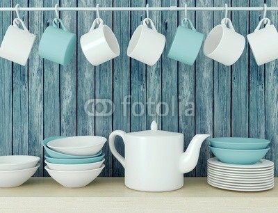 kosheen, Ceramic kitchenware on the shelf. (küche, regale, retro, frühstücken, tee, tassen, kochgeschirr, jahrgang, hölzern, holz, interieur, zuhause, entwerfen, dienstleistungen, küchengeräte, teekanne, blau, wand, tischgeschirr, geschirr, kaffee, stilleben, schrank, topf, haushalt, close-u)