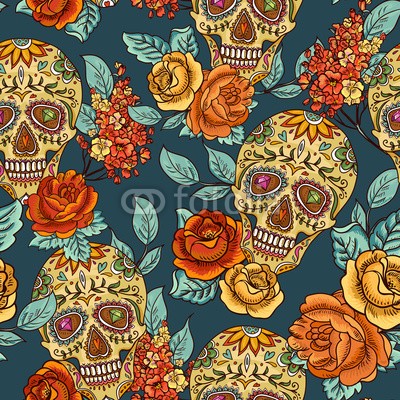 depiano, Skull, diamond and Flowers Seamless Background (totenkopf, nahtlos, blume, mustern, floral, kunst, gezeichnet, entwerfen, gothic, tattoo, vektor, ornament, abbildung, fels, tage, skelett, mexiko, tot, rolls, rosafarben, mexikanerin, entsetzen, lächeln, halloween, rot, urlaub, symbol, dekoration, kultu)