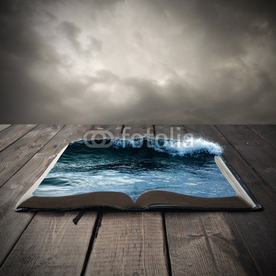 kevron2001, Ocean on an open book (surreal, wasser, ozean, welle, see, teich, blau, nass, platsch, bücher, bibel, makro, konzept, schwimmen, wolken, dunkel, blatt, bibliothek, kräuseln, stur)