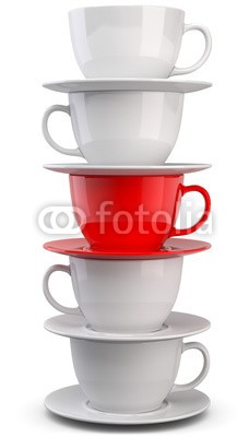 fotomek, Kaffetassen rote Tasse (3d, tassen, stapel, büro, kaffee, teller, geschirr, pause, rot, extra, anders, abstrakt, einzigartig, spaß, trinken, frühstücken, business, espresso, aroma, geschmack, kaffeetasse, koffein, china, farbe, weiß, background)