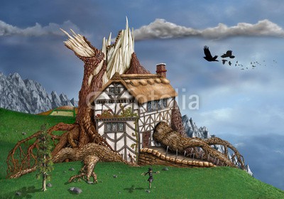 Paul Fleet, Fantasy Tree House (baum, bungalow, tudor, fantasy, stümpfe, wurzel, mythos, mythologie, surreal, story, märchen, berg, alt, dreamscape, magisch, entfernt, uralt, haus, wohnung, magie, hilltop, holz, hölzern, reet, landschaf)