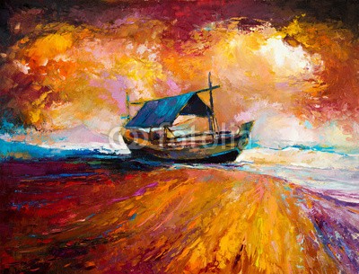 Boyan Dimitrov, Boat (abstrakt, acryl, kunst, künstler, kunstvoll, artwork, kulisse, backgrounds, strand, blau, boot, hell, canvas, farbe, sätze, kreativität, zeichnung, grün, hafen, abbildung, abbild, impressionismus, landschaft, modern, natur, ozean, öl, malen, malere)