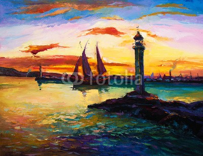 Boyan Dimitrov, Harbor (leuchtturm, kunst, abbildung, malerei, zeichnung, wasserfarben, meer, natur, ozean, landschaft, wasser, küste, licht, artwork, himmel, hafen, malen, sommer, blau, bellen, grün, gebäude, stil, bild, architektur, backgrounds, welle, öl, turm, kunstvol)