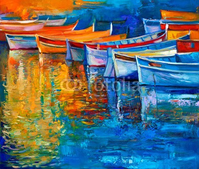 Boyan Dimitrov, Boats at sunset (abstrakt, acryl, kunst, künstler, kunstvoll, artwork, kulisse, backgrounds, strand, blau, boot, hell, canvas, farbe, sätze, kreativität, zeichnung, grün, hafen, abbildung, abbild, impressionismus, landschaft, modern, natur, ozean, öl, malen, malere)