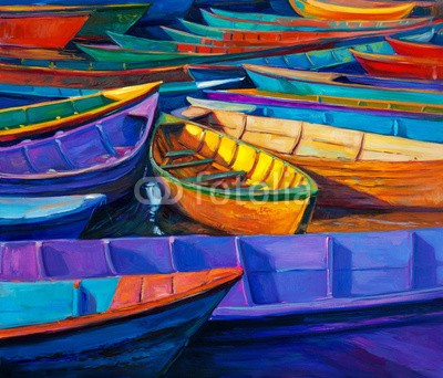 Boyan Dimitrov, Boats at sunset (abstrakt, acryl, kunst, künstler, kunstvoll, artwork, kulisse, backgrounds, strand, blau, boot, hell, canvas, farbe, sätze, kreativität, zeichnung, grün, hafen, abbildung, abbild, impressionismus, landschaft, modern, natur, ozean, öl, malen, malere)