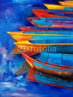 Boyan Dimitrov, Boats at sunset (abstrakt, acryl, kunst, künstler, kunstvoll, artwork, kulisse, backgrounds, strand, blau, boot, hell, canvas, farbe, sätze, kreativität, zeichnung, grün, hafen, abbildung, abbild, impressionismus, landschaft, modern, natur, ozean, öl, malen, malere)
