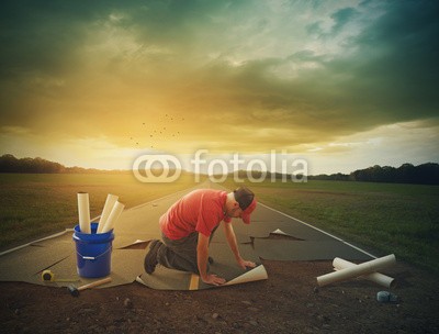 kevron2001, Man building a road (aufbauen, surreal, straßen, hand, work, papier, konstruktion, sonnenuntergänge, sunrise, wolken, straß)