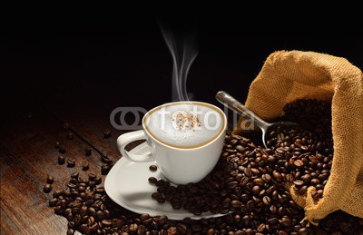 amenic181, Cup of coffee with smoke and coffee beans on old wooden table (kaffee, café, tassen, bohne, cappuccino, cappuccino, bohne, samen, korn, rauch, espresso, kaffee, milchkaffee, mocha, rösten, ernte, grillparty, rostend, getränke, landzunge, koffein, morgens, mug, arabisch, aroma, backgrounds, schwarz, frühstücke)