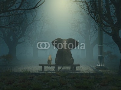 Photobank, elephant and dog sitting in a gloomy park (bench, dunkel, mysterium, hund, elefant, silence, traurig, gasse, freundinnen, betrachtung, stimmung, zusammen, paar, halloween, park, wald, nebel, herbst, gelassenheit, draußen, licht, grau, way, baum, lampe, allee, nur, einsamkeit, jahreszei)