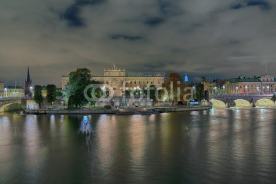 Blickfang, Riksdagshuset Reichstag Stockholm beleuchtet (hauptstadt, schweden, panorama, europa, historisch, architektur, touristisch, beleuchtet, nach)